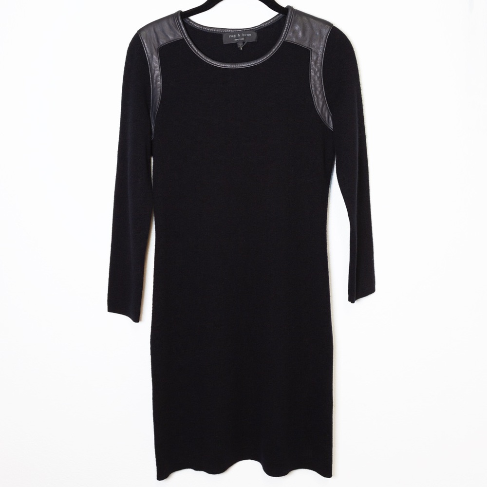 rag & bone Women's Black Wool & Lamb Leather Long Sleeved Sweater Dress Size S